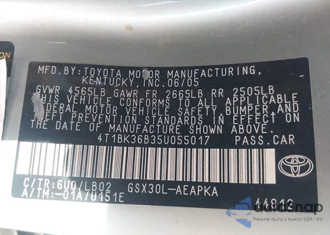 2005 Toyota Avalon Limited from USA, damaged, VIN 4T1BK36B35U055017